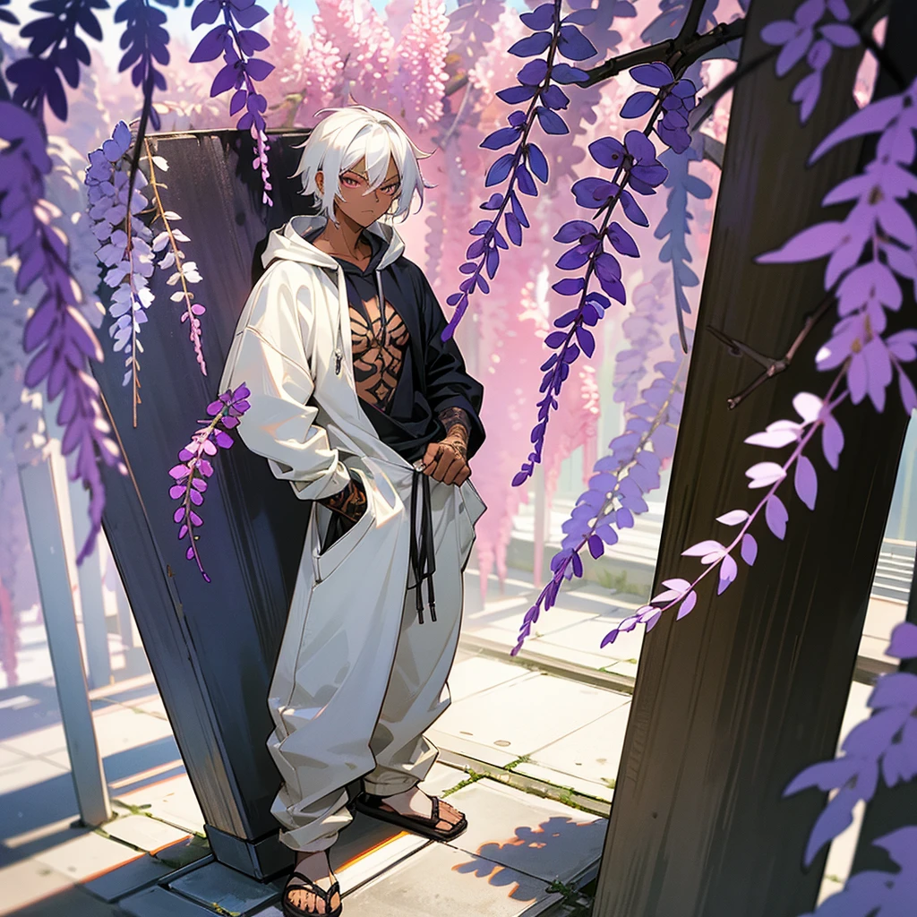 1male, young adult, dark skin, finely detailed plum eyes, wild medium hair, seashell white hair color, oversized hoodie, baggy pants, standing on building, day time, tokyo streets, somber expression, muscular, tattoos, wisteria flowers, scars