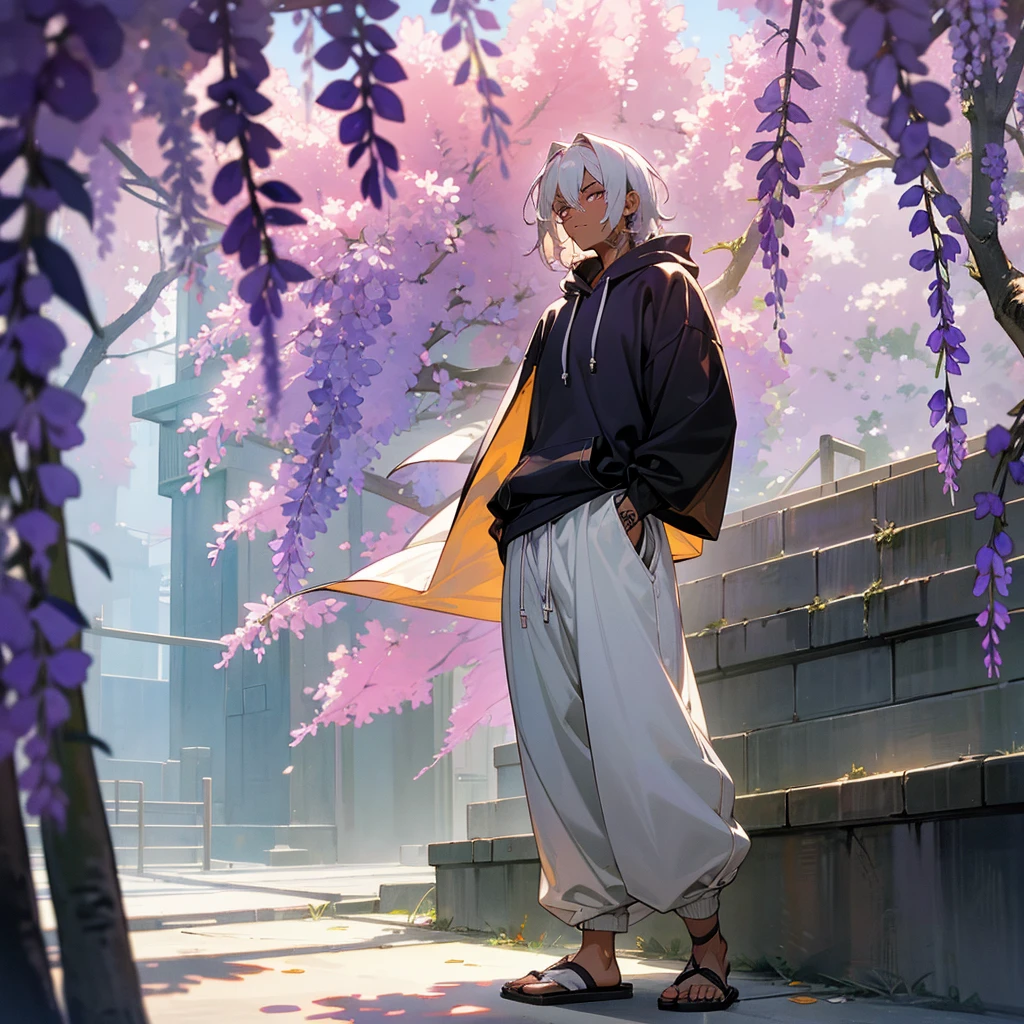 1male, young adult, dark skin, finely detailed plum eyes, wild medium hair, seashell white hair color, oversized hoodie, baggy pants, standing on building, day time, tokyo streets, somber expression, muscular, tattoos, wisteria flowers, scars