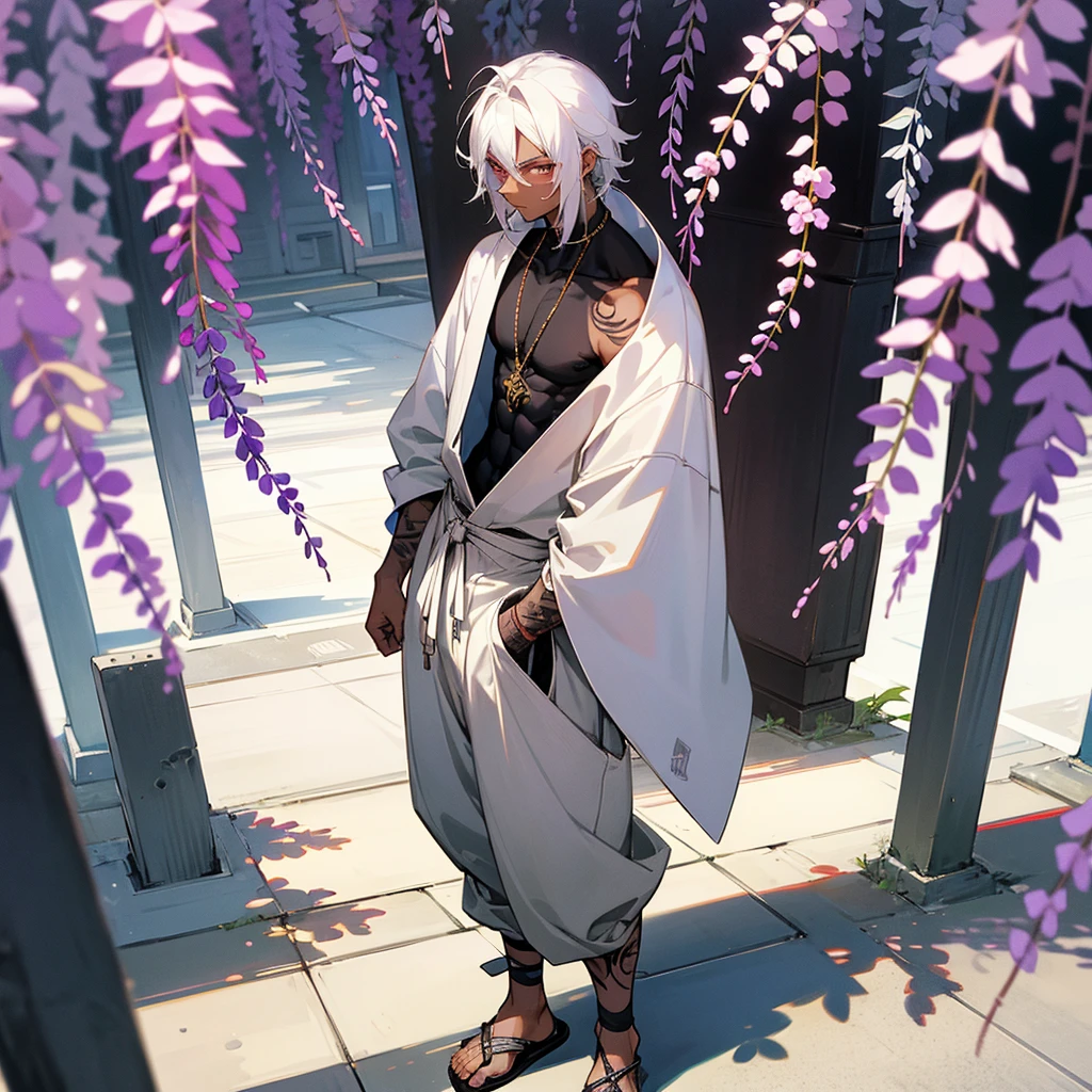 1male, young adult, dark skin, finely detailed plum eyes, wild medium hair, seashell white hair color, oversized hoodie, baggy pants, standing on building, day time, tokyo streets, somber expression, muscular, tattoos, wisteria flowers, scars