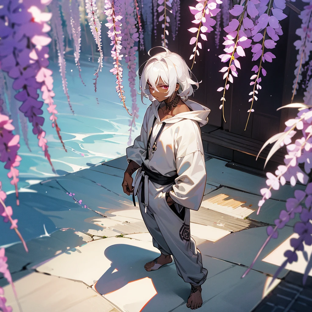 1male, young adult, dark skin, finely detailed plum eyes, wild medium hair, seashell white hair color, oversized hoodie, baggy pants, standing on building, day time, tokyo streets, somber expression, muscular, tattoos, wisteria flowers, scars