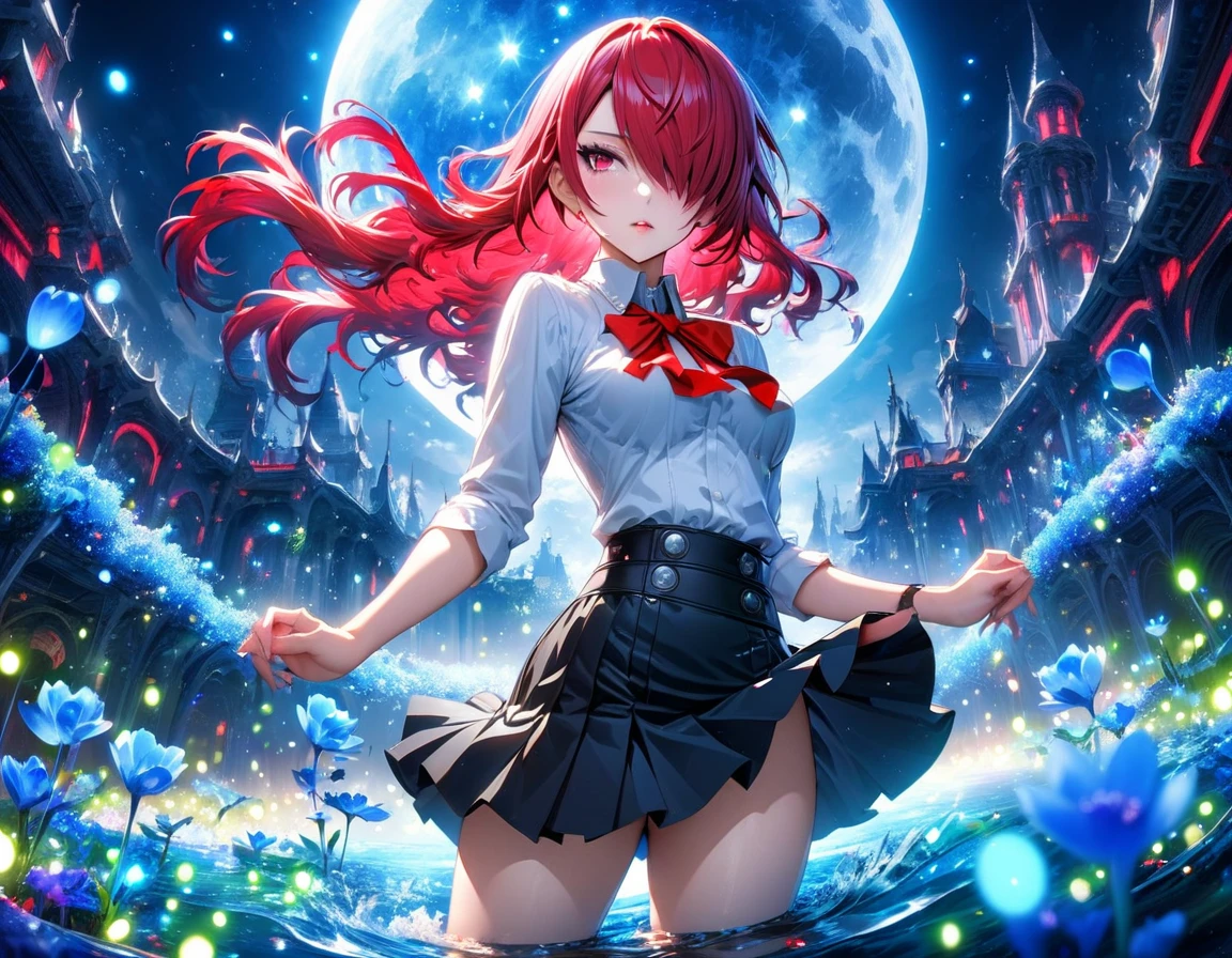 absurdres, highres, ultra detailed, HDR, masterpiece, Kirijo Mitsuru, long red hair, hair over the left eye, expressive red eyes, Persona 3, solo, woman, beautiful, white shirt, red ribbon, black skirt, magical, fantasy, water, blue moon, starry, blue fireflies, blue flowers