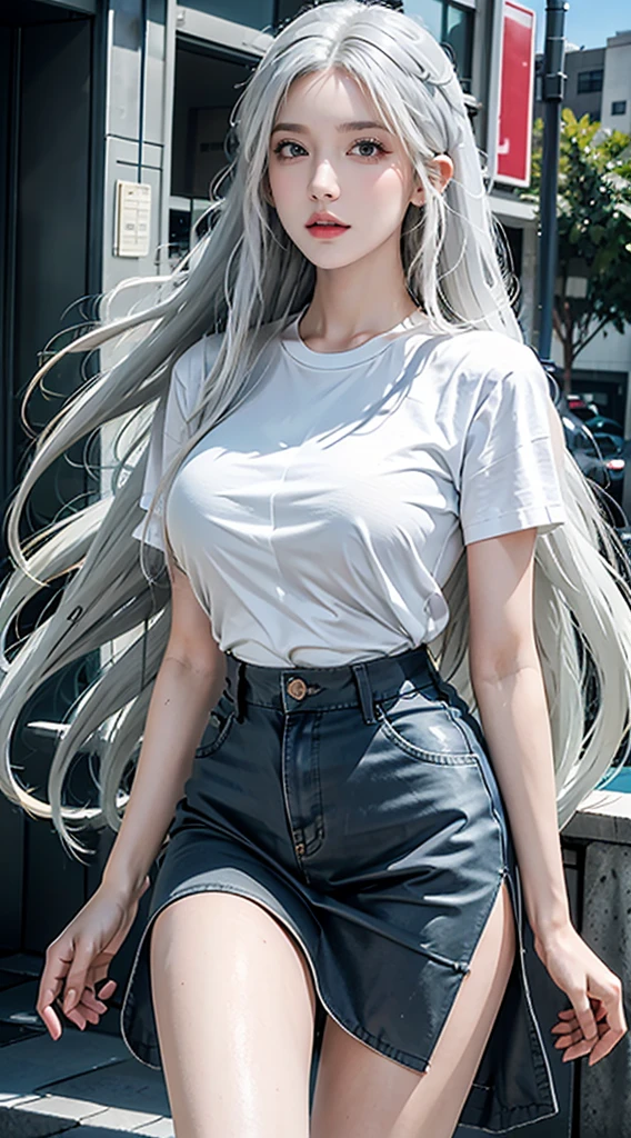 photorealistic, high resolution, soft lights, 1women, solo, hips up, Green eyes, white hair, long hair, blue eyes, red lips, jewelry, street wear, t-shirt, skirt, Sexy, Very Sexy