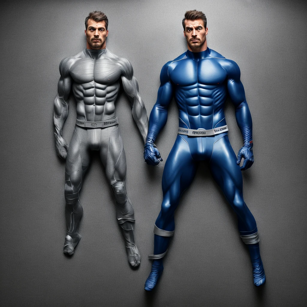 A full-body 3D male realistic model, wearing a full-body hero suit and cape in the pattern of a professional baseball uniform, a very short-haired, crew-cut, cool, dandy-looking, veteran-aged man with a shiny, sparkling blue cape that is longer than his body, gloves and a cap are always worn, an original hero, only the eyebrows, eyelashes and eyes are visible, his mouth is bandaged and sealed, the upper half of his face is bare with a sharp look in his eyes, he has six-pack abs, a muscular macho man with a sturdy body and a cool look, his legs are closed, his hands are clasped behind his back in an X shape, his whole body is bound and sealed with duct tape and he is held down. He has collapsed from exhaustion and is sleeping with his eyes closed. A coat of arms, in a dark room as the background, his whole body facing forward, backward, left and right (north, south, east and west), an image of him being restrained and mummified.