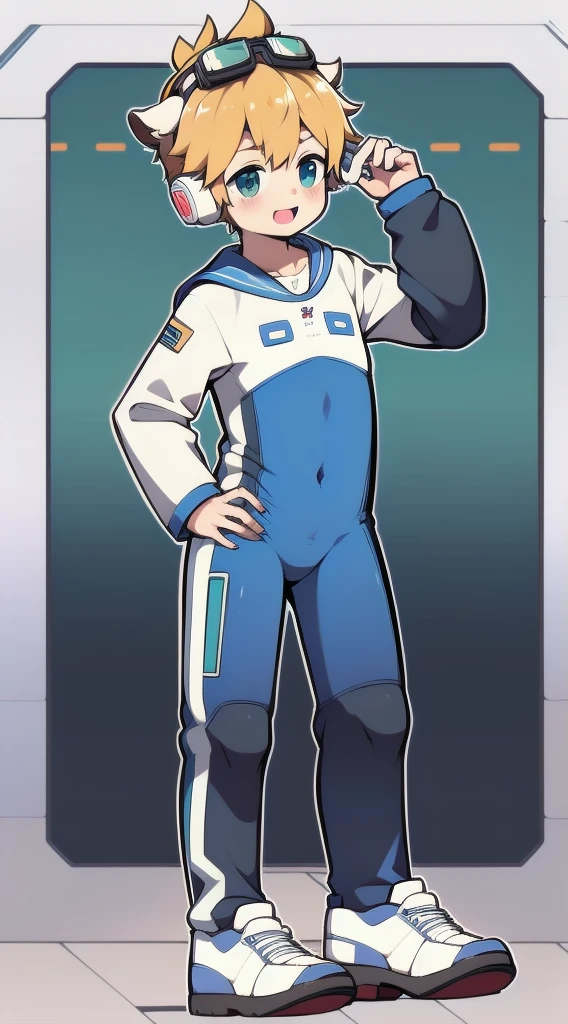 Two-dimensional boy,One-piece mountaineering suit,trumpet,Cow ears,Put the headphones on your head,stand up,goggles,sports shoes,Slim,Happy,Sailor collar