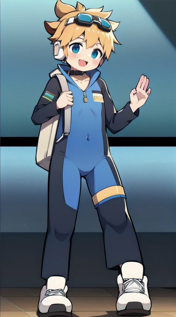Two-dimensional boy,One-piece mountaineering suit,trumpet,Cow ears,Put the headphones on your head,stand up,goggles,sports shoes,Slim,Happy,Sailor collar