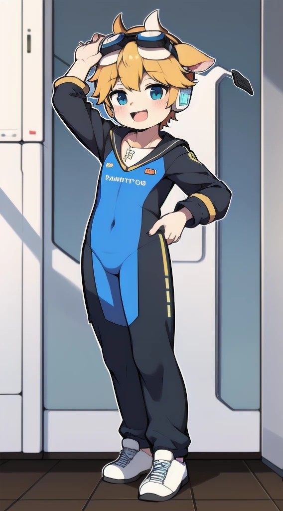 Two-dimensional boy,One-piece mountaineering suit,trumpet,Cow ears,Put the headphones on your head,stand up,goggles,sports shoes,Slim,Happy,Sailor collar