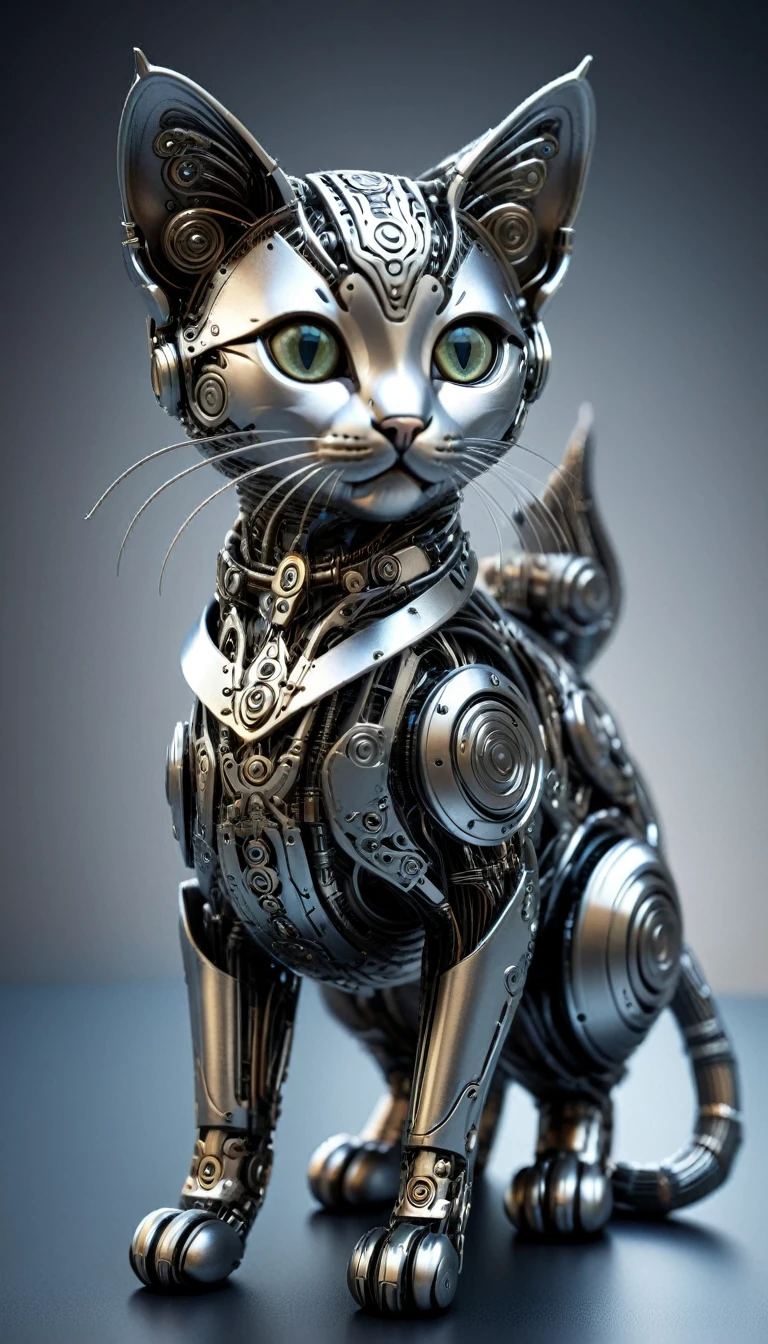 Cute kitten made of metal, (cyborg:1.1), ([tail | detailed wire]:1.3), (intricate details), High resolution, (intricate details, hyperdetailed:1.2), Cinematic shots, Vignette, Centered