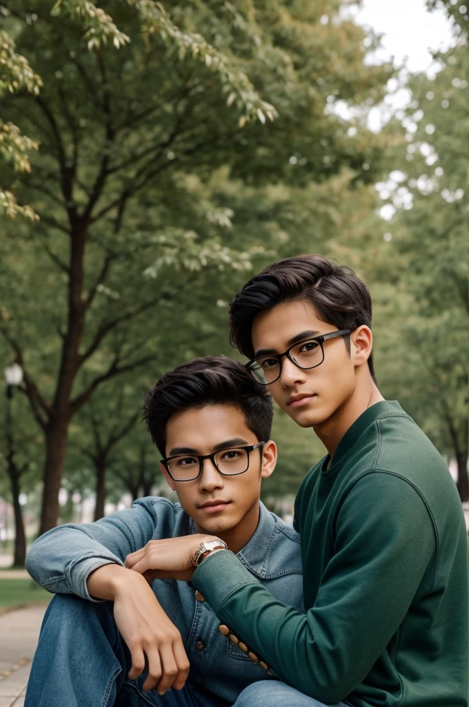 You can create the boy of my dreams? Es high, medium complexion, brown eyes and green eyes, brown skin, chinese hair, glasses, half snub nose, half slanted eyes like a half handsome 19 year old, high, black sweatshirt, blue jeans, a photo of him in a park,