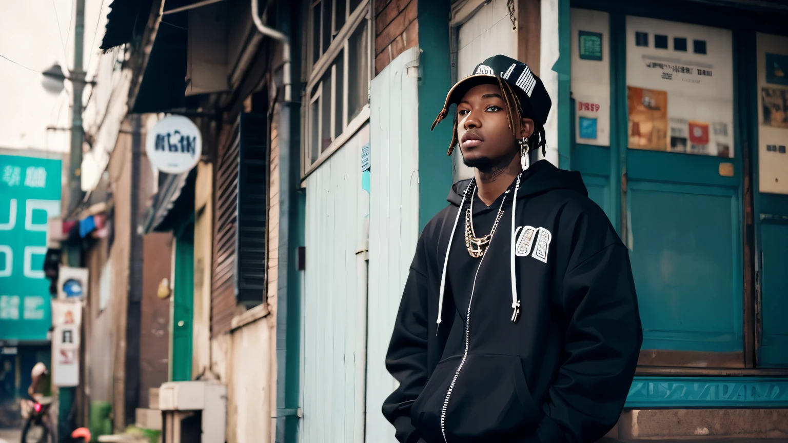 Black、Rapper、male、The background is a slum、