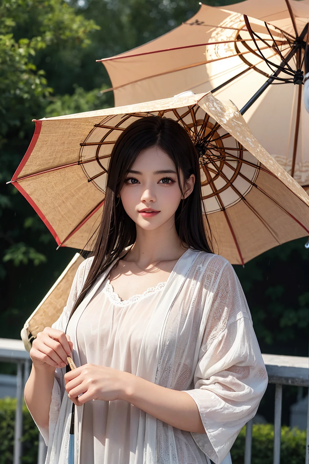 Photorealistic、Highest quality、Highest Resolution、Highest quality、8K、1人のBeautiful woman、Beautiful woman、Beautiful woman、Being outside、rain、umbrella、