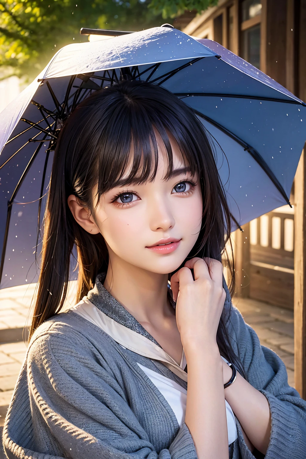 Photorealistic、Highest quality、Highest Resolution、Highest quality、8K、1人のBeautiful woman、Beautiful woman、Beautiful woman、Being outside、rain、umbrella、
