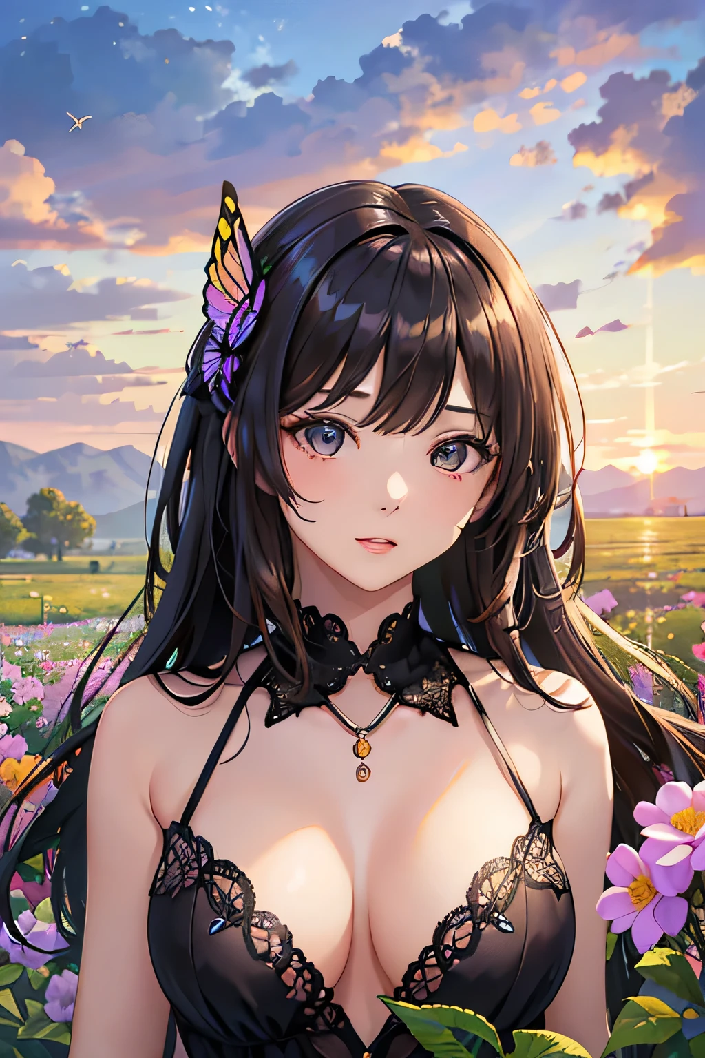 masterpiece, (最high quality), ((Most detailed)), Depth of written boundary, Beautiful girl, Beautiful Face, nature, Spirit, flower, Colorful sunset landscape, Flowers, butterfly, Glowing Dress, element, Random hairstyle,masterpiece, 最high quality, high quality, High resolution, Big Tits, ((Upper body portrait)), Random pose、Upper body portrait