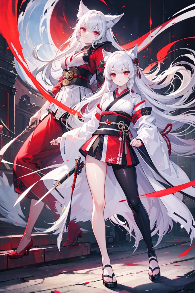 (beautiful face:1.1),(masterpiece, high quality:1.2),2girls,full body,white hair,wolf hair,kimono cyber,red eyes,eye light,stand up,Possession of Weapons