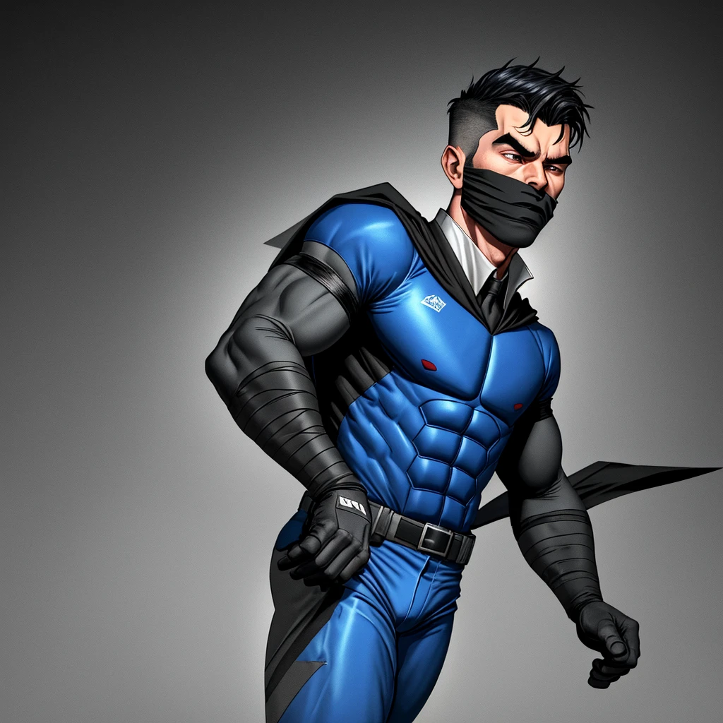 A full-body 3D male realistic model, wearing a full-body hero suit and cape in the pattern of a professional baseball uniform, a very short-haired, crew-cut, cool, dandy-looking, veteran-aged man with a shiny, sparkling blue cape that is longer than his body, gloves and a cap are always worn, an original hero, only the eyebrows, eyelashes and eyes are visible, his mouth is bandaged and sealed, the upper half of his face is bare with a sharp look in his eyes, he has six-pack abs, a muscular macho man with a sturdy body and a cool look, his legs are closed, his hands are clasped behind his back in an X shape, his whole body is bound and sealed with duct tape and he is held down. He has collapsed from exhaustion and is sleeping with his eyes closed. A coat of arms, in a dark room as the background, his whole body facing forward, backward, left and right (north, south, east and west), an image of him being restrained and mummified.
