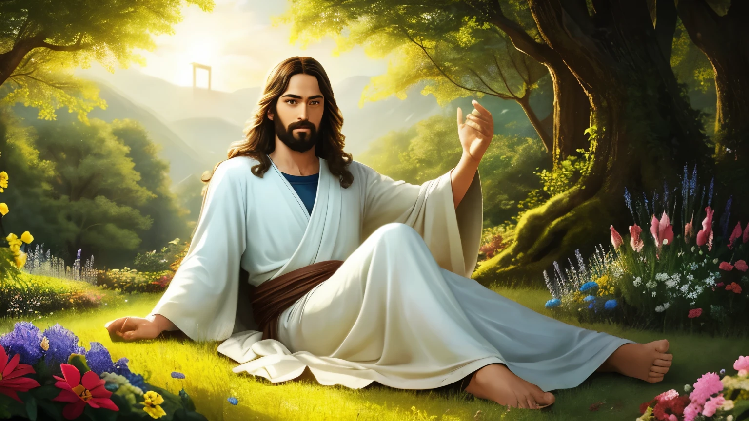 Brought to life is a captivating image of Jesus, radiant and serene, sitting in a lush, vibrant field teeming with a myriad of flowers and verdant plants. His skin, glowing with a divine glow, is a stark contrast against the verdure that surrounds him. With a beaming smile that exudes warmth and love, Jesus maintains an appearance that is both exuberant and peace-inducing. This serene tableau is further accentuated by the use of a Dutch angle, drawing the viewer's focus to the radiant figure of Jesus amidst the bountiful nature that envelops him.