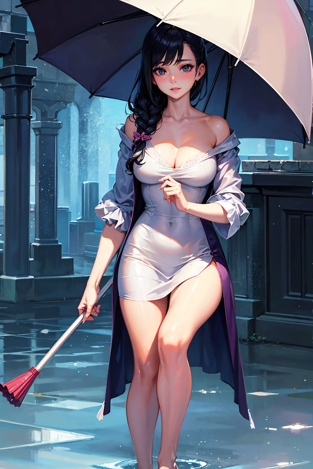 Photorealistic、Highest quality、Highest Resolution、Highest quality、８Ｋ、1人のBeautiful woman、Beautiful woman、Beautiful woman、Being outside、rain、umbrella、