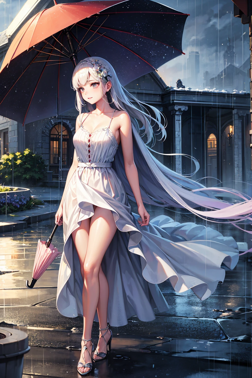 Photorealistic、Highest quality、Highest Resolution、Highest quality、8K、1人のBeautiful woman、Beautiful woman、Beautiful woman、Being outside、rain、umbrella、