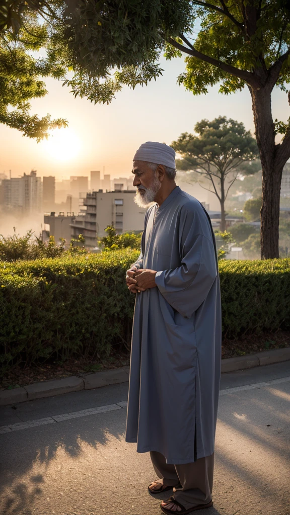 An old Muslim man who is in the midst of the hustle and bustle of urban or busy nature, but focused on prayer. In the background, you can see the splendor of nature or urban density, but the individual shows solemnity and calmness in carrying out his prayers. Soft light or the silhouette of a clear sky gives the impression of peace and deep spirituality at that moment. very real, high resolution, 8k resolution, intricate details