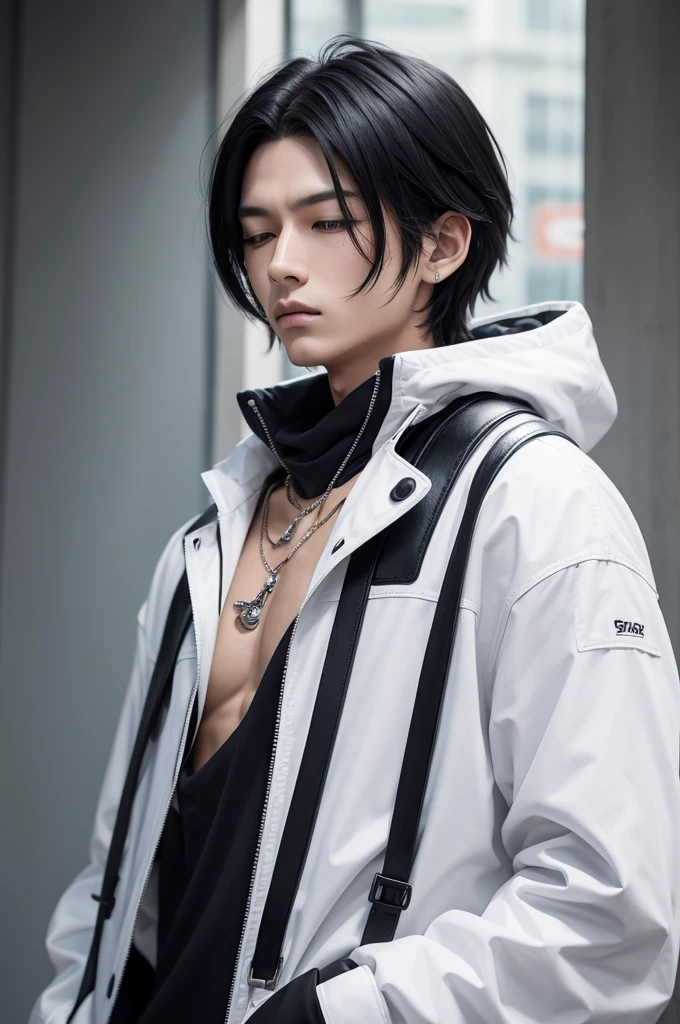 A white anime style character with black hair and a snake around his neck I want him with his eyes closed and his mouth closed
