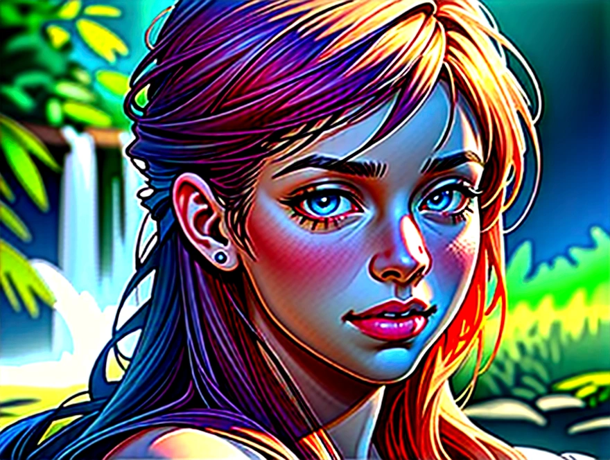 a serene forest landscape with a majestic waterfall cascading down, surrounded by lush green foliage, detailed realistic nature scenery, 1 girl standing by the waterfall, beautiful detailed eyes, beautiful detailed lips, extremely detailed face and features, long eyelashes, (best quality,4k,8k,highres,masterpiece:1.2),ultra-detailed,(realistic,photorealistic,photo-realistic:1.37),HDR,UHD,vivid colors,dramatic lighting,cinematic composition,award winning photography