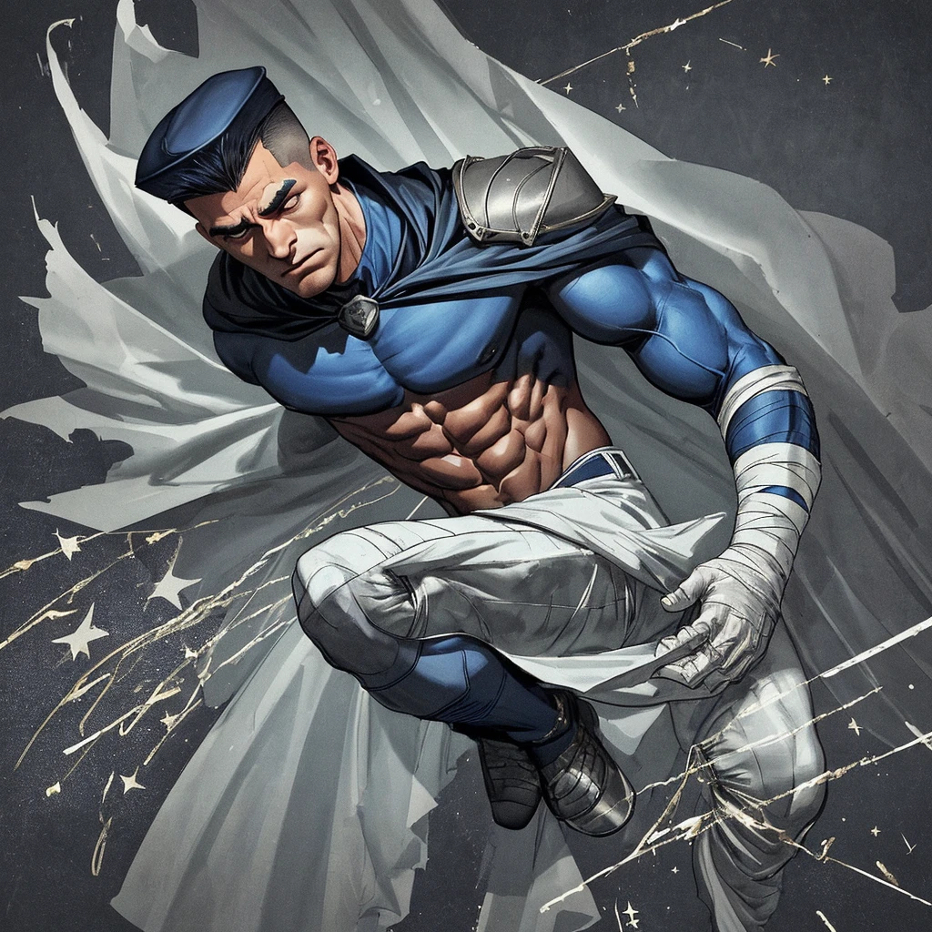 A full-body 3D male realistic model, wearing a full-body hero suit and cape in the pattern of a professional baseball uniform, a very short-haired, crew-cut, cool, dandy-looking, veteran-aged man with a shiny, sparkling blue cape that is longer than his body, gloves and a cap are always worn, an original hero, only the eyebrows, eyelashes and eyes are visible, his mouth is bandaged and sealed, the upper half of his face is bare with a sharp look in his eyes, he has six-pack abs, a muscular macho man with a sturdy body and a cool look, his legs are closed, his hands are clasped behind his back in an X shape, his whole body is bound and sealed with duct tape and he is held down. He has collapsed from exhaustion and is sleeping with his eyes closed. A coat of arms, in a dark room as the background, his whole body facing forward, backward, left and right (north, south, east and west), an image of him being restrained and mummified.