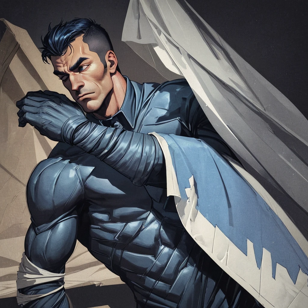 A full-body 3D male realistic model, wearing a full-body hero suit and cape in the pattern of a professional baseball uniform, a very short-haired, crew-cut, cool, dandy-looking, veteran-aged man with a shiny, sparkling blue cape that is longer than his body, gloves and a cap are always worn, an original hero, only the eyebrows, eyelashes and eyes are visible, his mouth is bandaged and sealed, the upper half of his face is bare with a sharp look in his eyes, he has six-pack abs, a muscular macho man with a sturdy body and a cool look, his legs are closed, his hands are clasped behind his back in an X shape, his whole body is bound and sealed with duct tape and he is held down. He has collapsed from exhaustion and is sleeping with his eyes closed. A coat of arms, in a dark room as the background, his whole body facing forward, backward, left and right (north, south, east and west), an image of him being restrained and mummified.