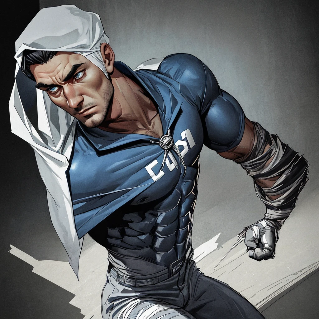 A realistic 3D male model in full body composition, wearing a full body hero suit and cape in the pattern of a professional baseball uniform, a very short haired, crew cut, cool, dandy-like, veteran-aged man with a shiny, sparkling blue cape that is longer than his body, gloves and a cap are always worn, an original hero, only the eyebrows, eyelashes and eyes are visible, his mouth is bandaged and sealed, the upper half of his face is bare with a sharp gaze, he has six pack abs, a muscular macho man with a sturdy body, he has both legs closed, his hands are clasped behind his back in an X shape, his whole body is bound and sealed with duct tape and he is held down. He has collapsed from exhaustion and is sleeping with his eyes closed. A coat of arms, in a dark room background, his whole body facing forward, backward, left and right (north, south, east and west), an image of him being restrained and mummified.