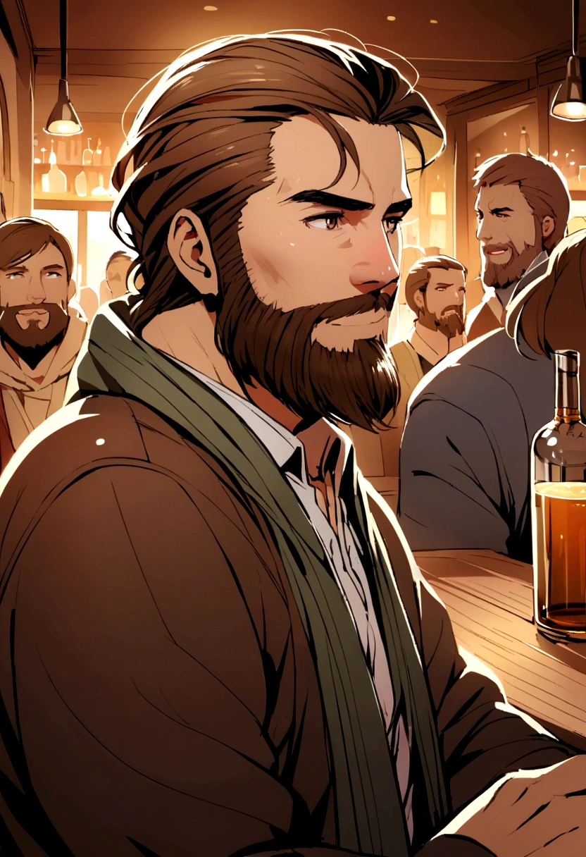 guy with long brown hair, with a brown and mid beard talking to a group of people in a bar