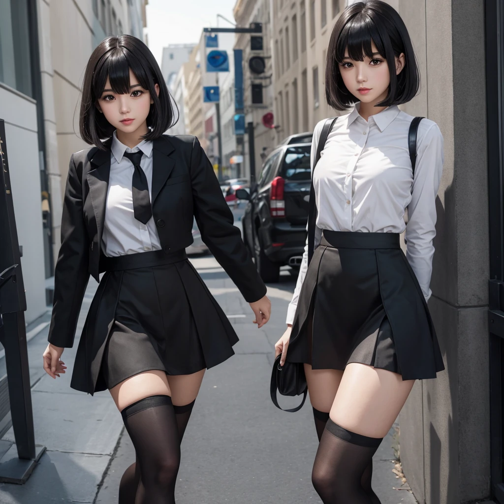 Create a girl with a short black skirt and knee-length stockings, that has hair with bangs