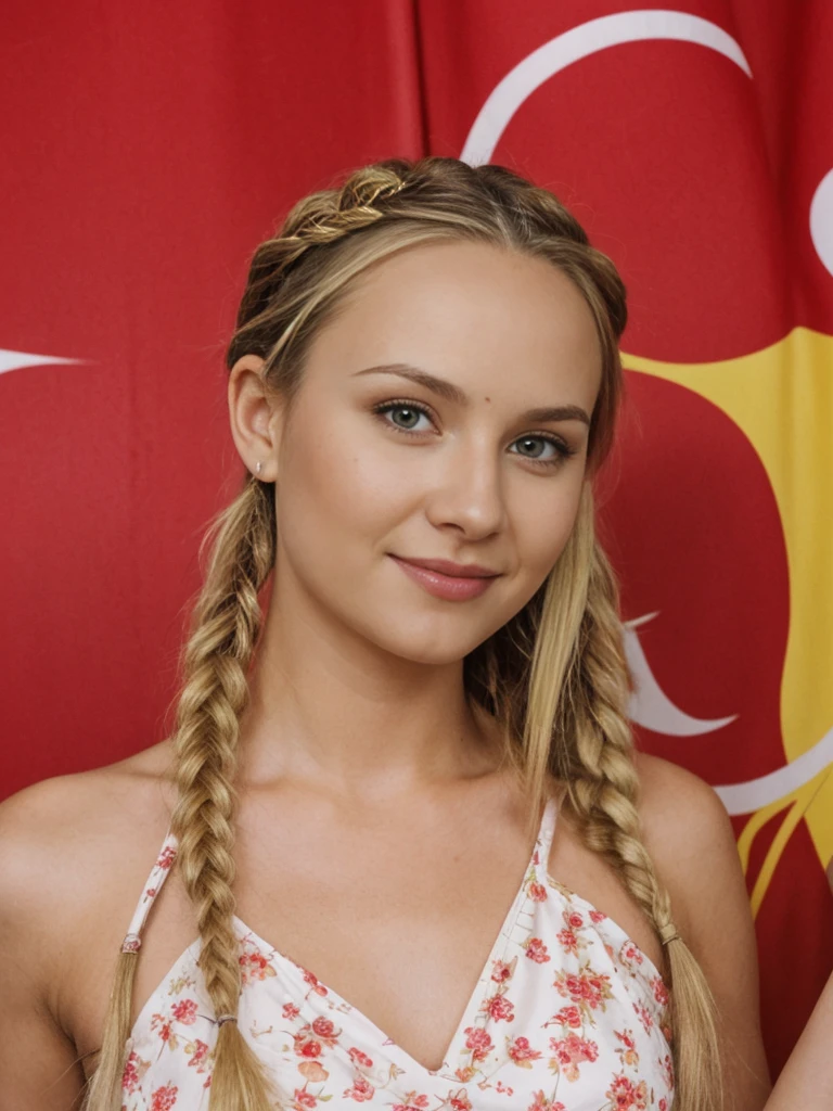 solo, realistic, photorealistic, natural lighting, (large forehead, (((Latvian woman))), (((Latvian nose))), (((Latvian eyes))), (((blonde))), (((braids))), (((Latvian face))), (((Latvian lips))), (((Latvian body))), (((fair complexion))) smiling, wearing Kimono Sleeve Dress, cleavage, pose: standing, background: A throwback nightclub that celebrates the 90s and early 2000s with a nostalgic aesthetic. The decor includes lava lamps, bean bags, and posters of iconic pop culture moments. The DJ plays a mix of 90s pop, R&B, and early 2000s hits. Guests can enjoy themed cocktails, retro arcade games, and photo booths with props like flip phones and Tamagotchis.