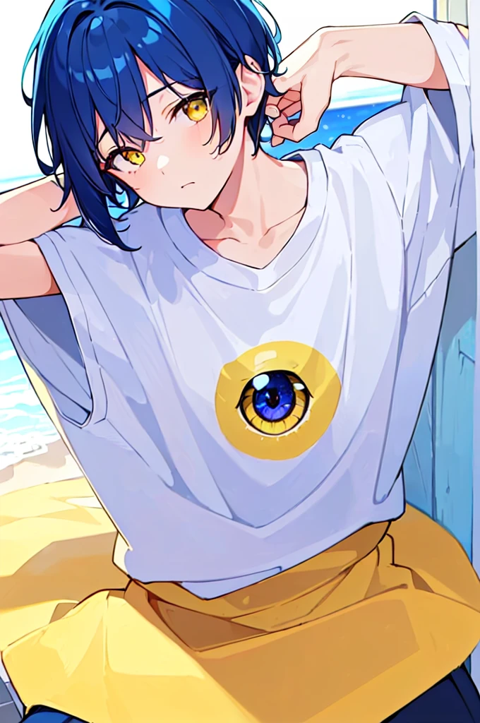 [(WHITE BACKGROUND:1.5),::5], ((((masterpiece)))), high quality, very_high_resolution, large_filesize, upper body, full color, ((Solo)), ((little boy)), 13 old year, men's short deepblue hair, vivid color, ((yellow eye)), Summer clothes white, animestyle, sitting,head tilt,?,head back,