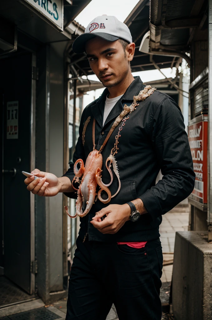 Cool man with squid on his hand