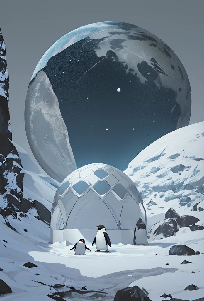 Penguins on moon, igloo in background