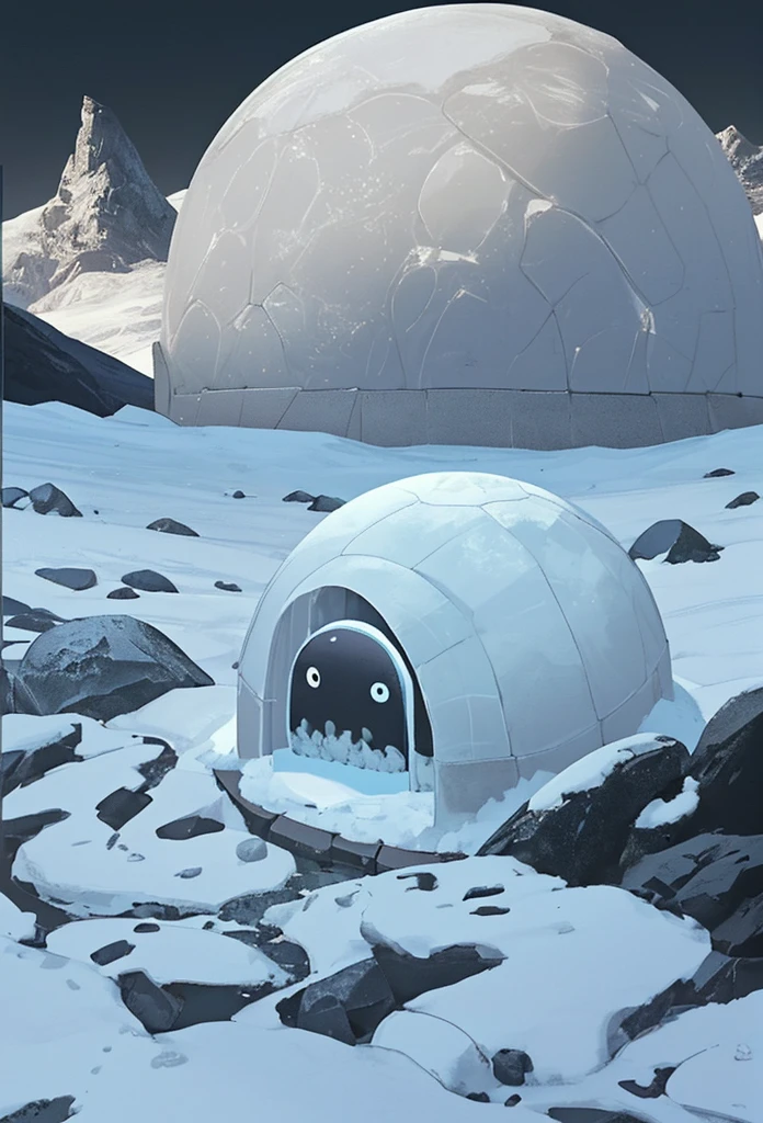Penguins on moon, igloo in background