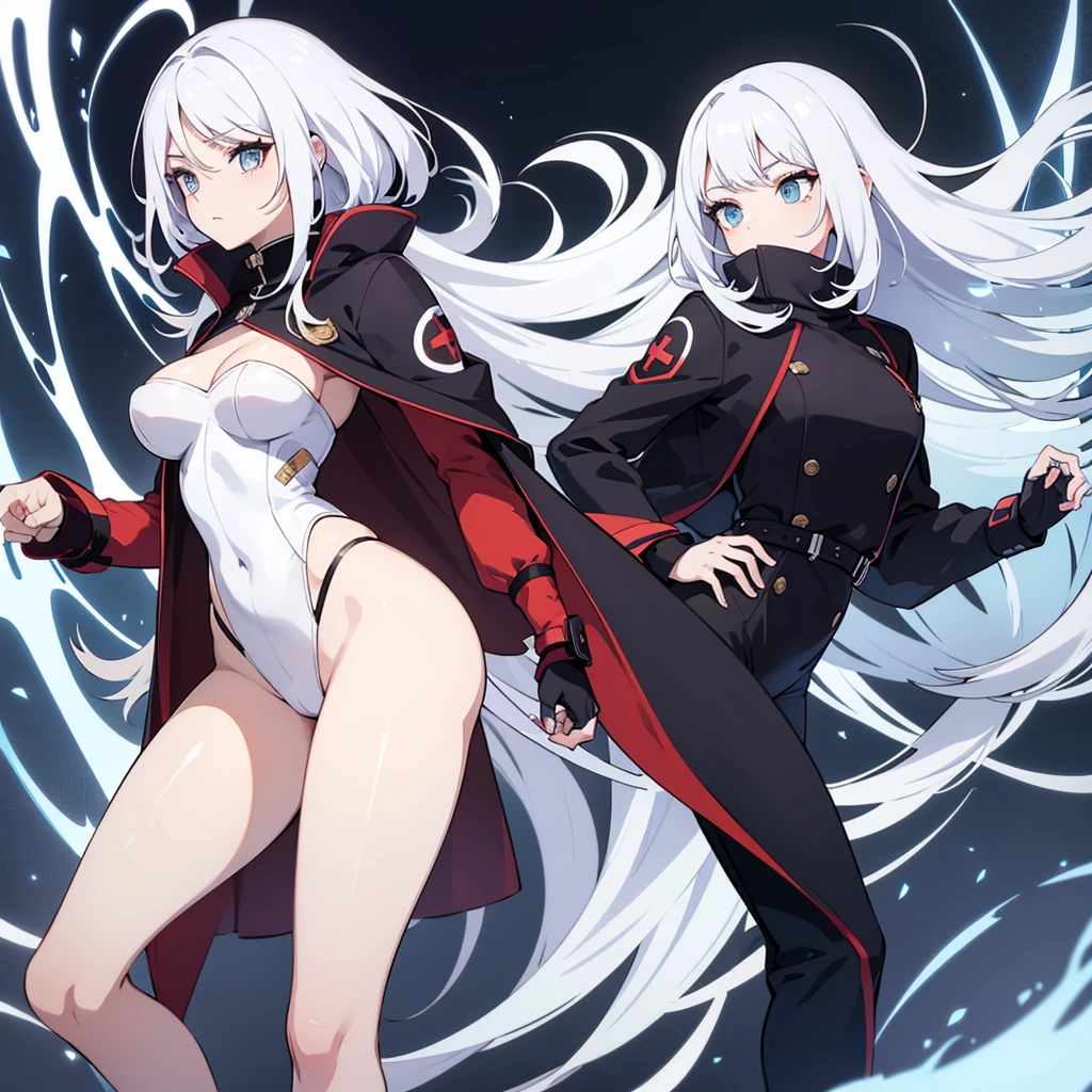 1 anime woman,medica,a coat, hips up, white hair,