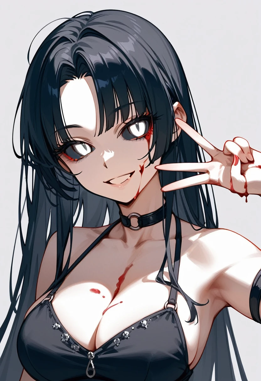 masterpiece, zoom out, score_9, score_8_up, score_7_up, portrait, 1 girl, alone, black hair, long hair, long parted bangs, white eyes, black sclera, (blood tears, small smile), evil, parted lips, expressionless, big breasts, upper body, V-neck strap basic dress, black bottom, best quality, long split bangs.