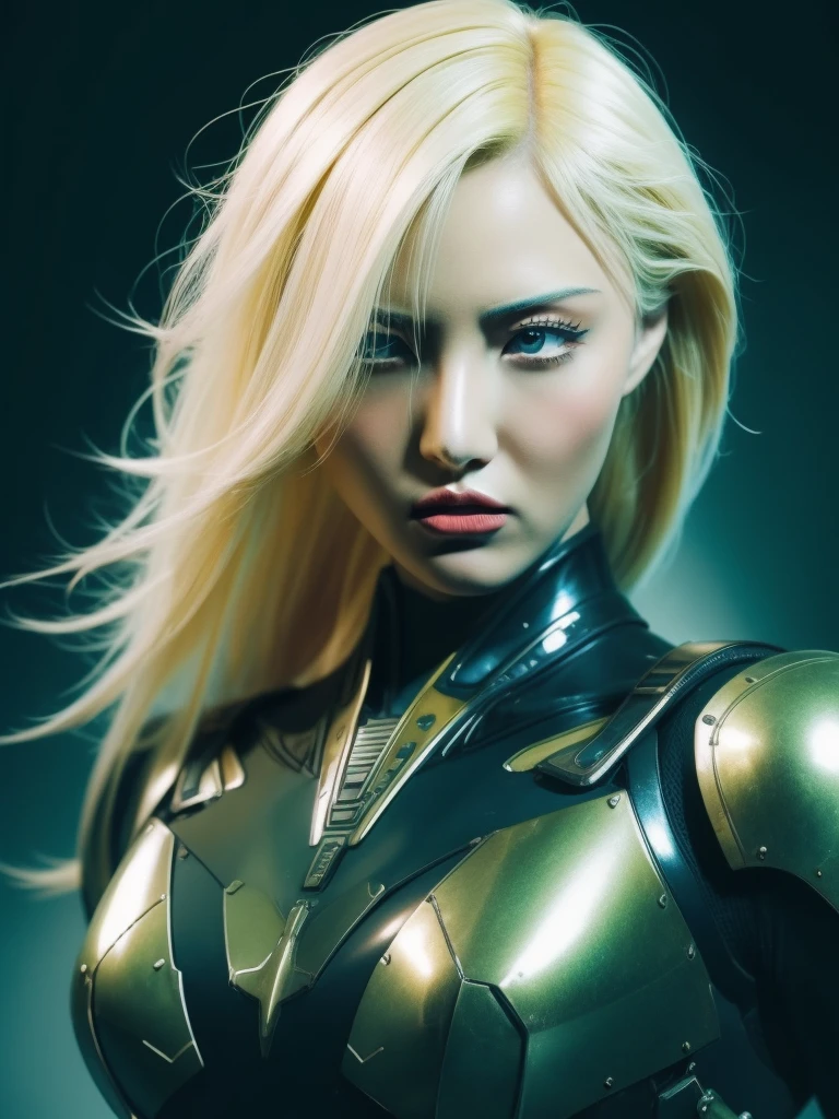 Human face, A beautiful young woman with blond hair, green background, hyper realistic photography, high-definition photos, red lipsticks, mecha metal armor skirt suit, big eyes, flawless skin, full figure, cinematic lighting, dramatic composition, masterpiece, 8k, photorealistic, cinematic, detailed face, detailed eyes, detailed lips, detailed skin, elegant, graceful, serene expression, dramatic lighting, volumetric lighting, cinematic camera angle, cinematic pose, hyper detailed