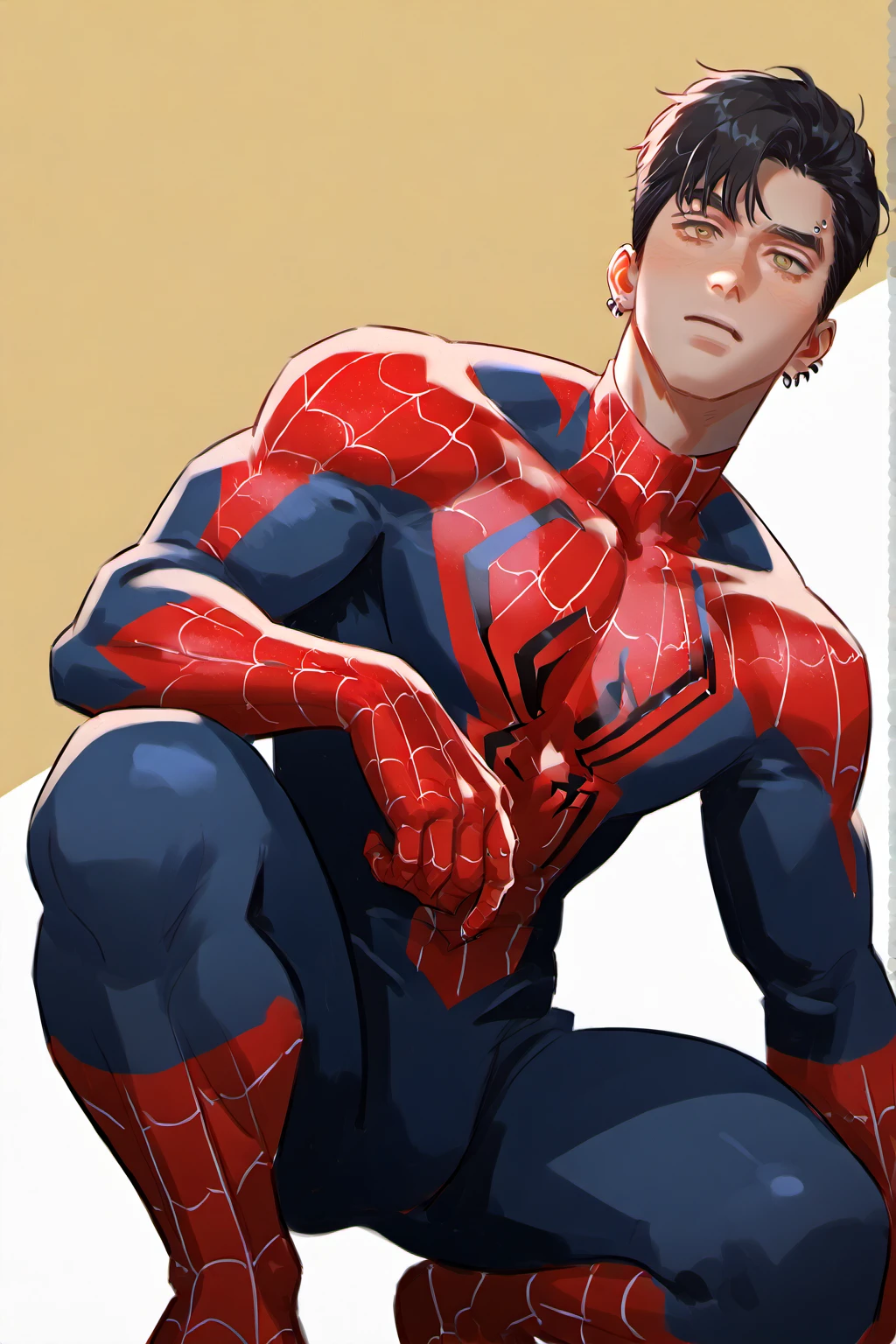 score_9, score_8_up, score_7_up, rating_explicit, source_anime, man, marvel spider man, black hair, pale skin, light brown eyes, no mask, piercing, sexy guy, 18 years, no mask, black and red suit, anime boy, sexy anime boy, beautiful boy anime, Crouching, low angle, spider man suit