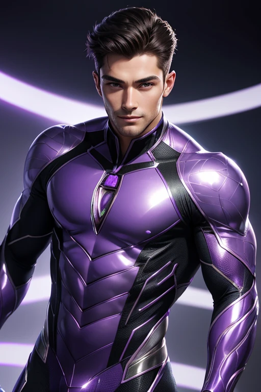 Half body focus photorealistic handsome hunky fractal masculine Cosmic Boy.. wearing a Violet amethyst transparent crystal chrome glass super suit , look at camera, detailed face parts,, studio as background, Freestyle Pose, Happy Expression, perfect anatomy, symmetric body,, 18 years old, :: high detail, a lean athletic body, realistic, human skin, extremely detailed fingers, chad chin,, masculine, human skin, (eyes contact), gorgeous, Attractive. super bulges