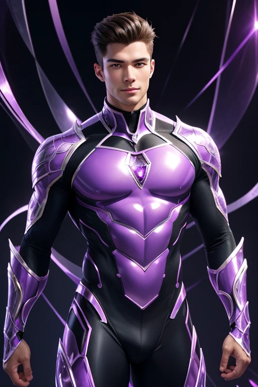 Half body focus photorealistic handsome hunky fractal masculine Cosmic Boy.. wearing a Violet amethyst transparent crystal chrome glass super suit , look at camera, detailed face parts,, studio as background, Freestyle Pose, Happy Expression, perfect anatomy, symmetric body,, 18 years old,  :: high detail, a lean athletic body, realistic, human skin, extremely detailed fingers,  chad chin,, masculine, human skin, (eyes contact), gorgeous, Attractive. super bulges