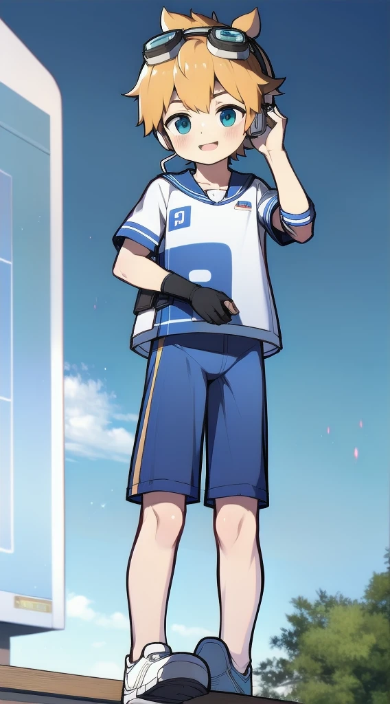 Two-dimensional boy,One-piece mountaineering suit,trumpet,Cow ears,Put the headphones on your head,stand up,goggles,sports shoes,Slim,Happy,Sailor collar