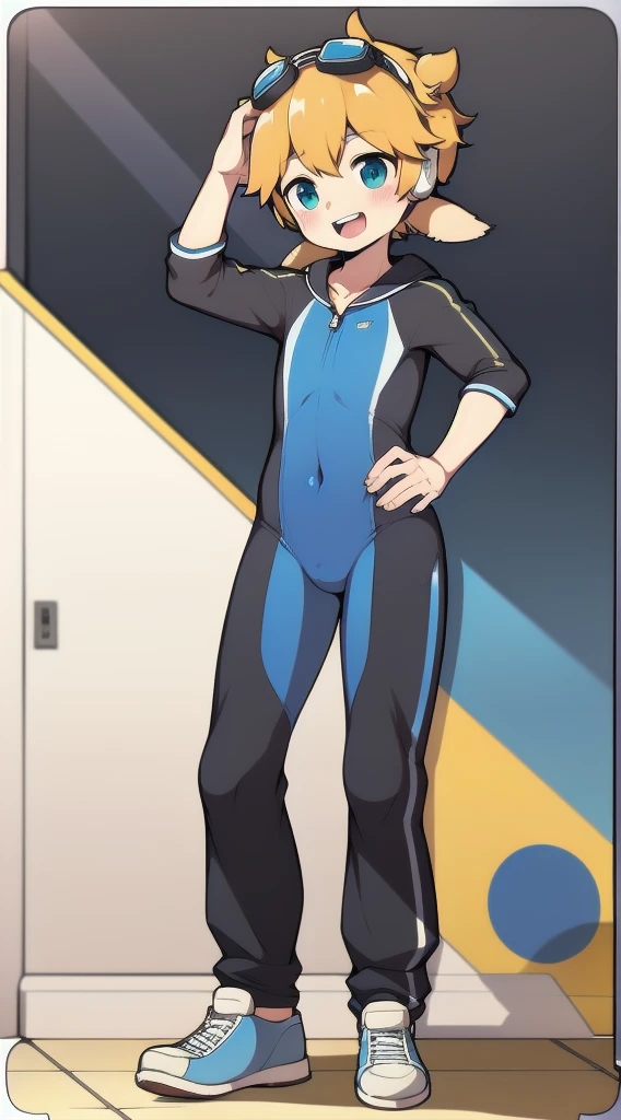 Two-dimensional boy,One-piece mountaineering suit,trumpet,Cow ears,Put the headphones on your head,stand up,goggles,sports shoes,Slim,Happy,Sailor collar