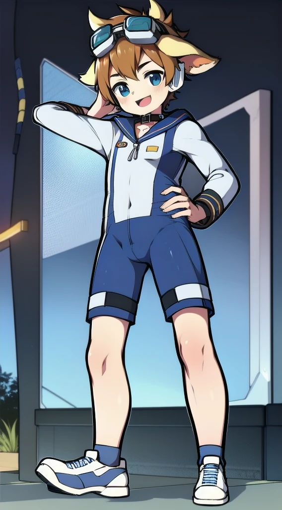 Two-dimensional boy,One-piece mountaineering suit,trumpet,Cow ears,Put the headphones on your head,stand up,goggles,sports shoes,Slim,Happy,Sailor collar