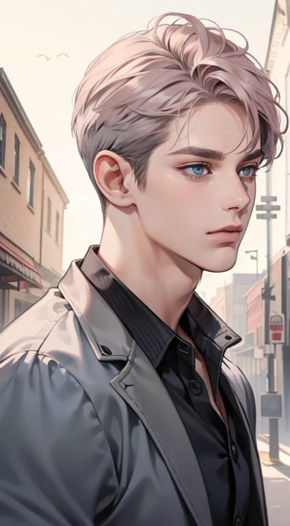 masterpiece, best quality, realistic, 1man, mature male, quiet and charming young man, 35 years old, close his eyes, serious, closed mouth, extremely detailed face, cold, ((dark grey blue eyes)), ((short-right-swept dark grey pink hair)), [thick eyebrows], ((hunter)), accurate, detailed, ((town))