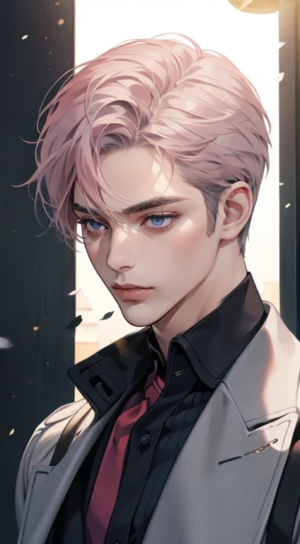 masterpiece, best quality, realistic, 1man, mature male, quiet and charming young man, 35 years old, close his eyes, serious, closed mouth, extremely detailed face, cold, ((dark grey blue eyes)), ((short-right-swept dark grey pink hair)), [thick eyebrows], ((hunter)), accurate, detailed, ((town))