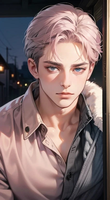 masterpiece, best quality, realistic, 1man, mature male, quiet and charming young man, 35 years old, close his eyes, serious, closed mouth, extremely detailed face, cold, ((dark grey blue eyes)), ((short-right-swept dark grey pink hair)), [thick eyebrows], ((hunter)), accurate, detailed, ((town))