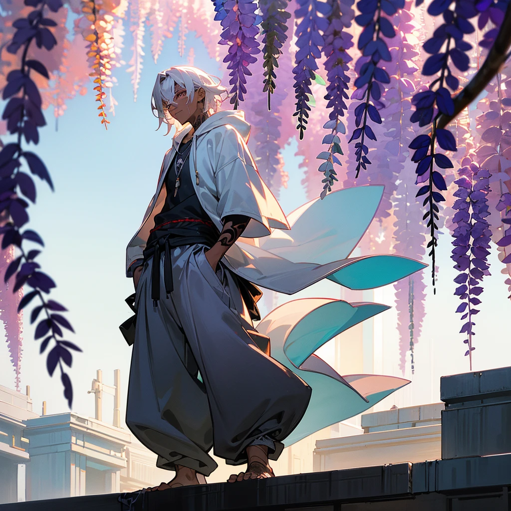 1male, adult, dark skin, finely detailed plum eyes, wild medium hair, seashell white hair color, oversized hoodie, baggy pants, standing on building, day time, tokyo streets, somber expression, muscular, tattoos, wisteria flowers, scars