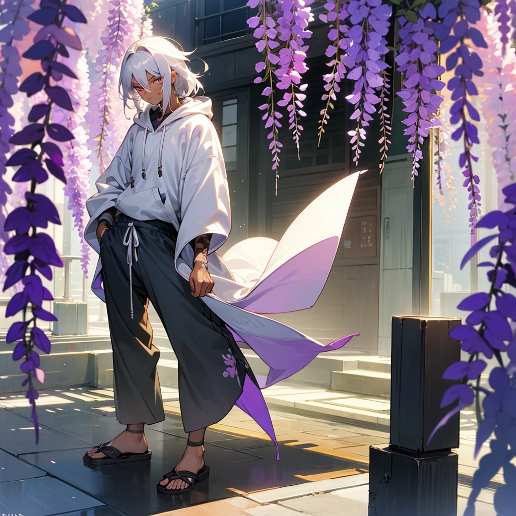 1male, adult, dark skin, finely detailed plum eyes, wild medium hair, seashell white hair color, oversized hoodie, baggy pants, standing on building, day time, tokyo streets, somber expression, muscular, tattoos, wisteria flowers, scars