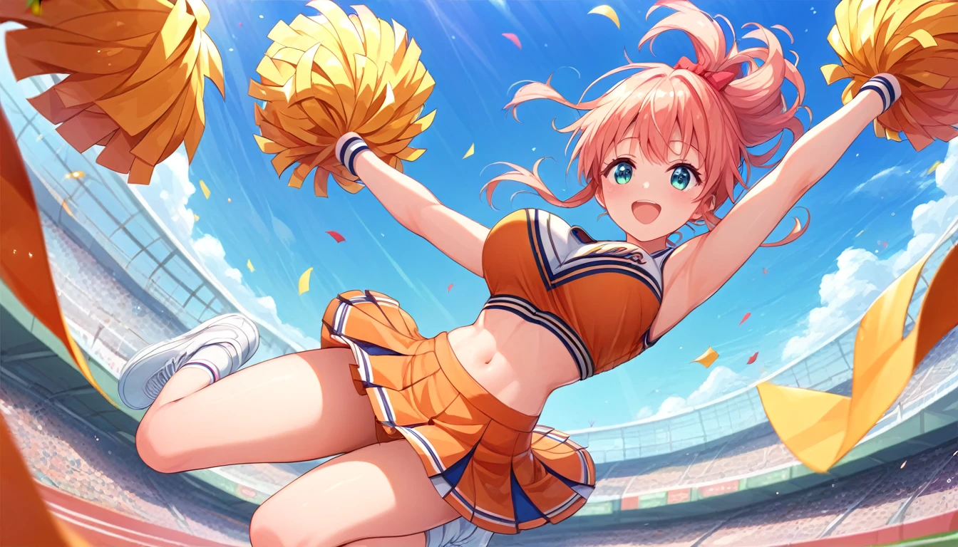 ((1girl:1.3)), ((moe style:1.3)), ((cheerleader:1.3)), ((jumping:1.3)),  ((large breasts:1.3)), ((centerfold:1.3)), ((extremely feminine:1.3)), perfect hands, ((perfect face)), ((extremely cute:1.3)), ((masterpiece)), ((8k)), ((best quality)), ((beautiful)), ((extremely detailed:1.3)) , ((absurdres)), AddXL, ((score_9:1.3)), ((score_8_up:1.3)), ((score_7_up:1.3)),
