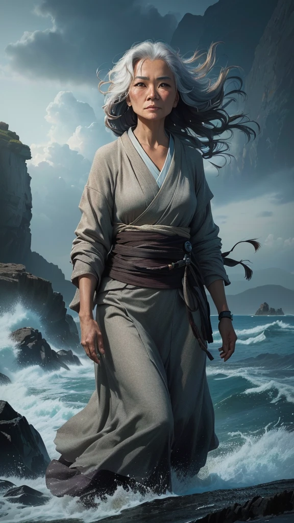 Image of a woman in her 50s walking along a rocky beach, Key Art, Ray, Inspired by Sotaro Yasui, Female Jedi, Character Poster, Beautiful movie poster, Inspired by Noami, Works inspired by Kano Hogai, High Quality 4K Wallpaper, From the esotericism of Netflix, Movie poster characters, 4K Concept Art,
